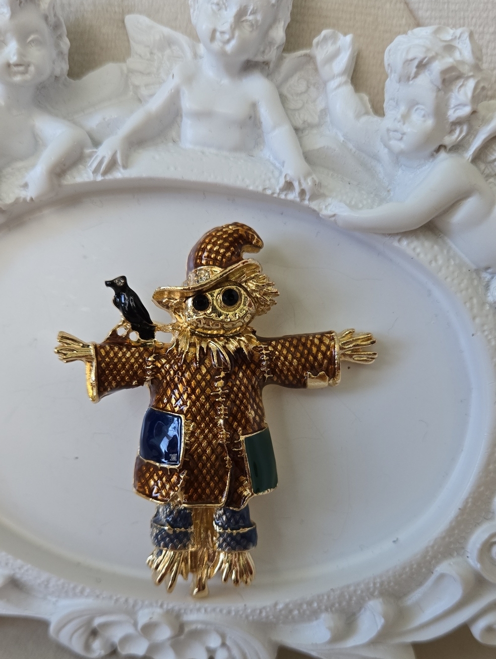 Gold-Tone Brown Enamel Scarecrow Brooch with Black Crow Accent